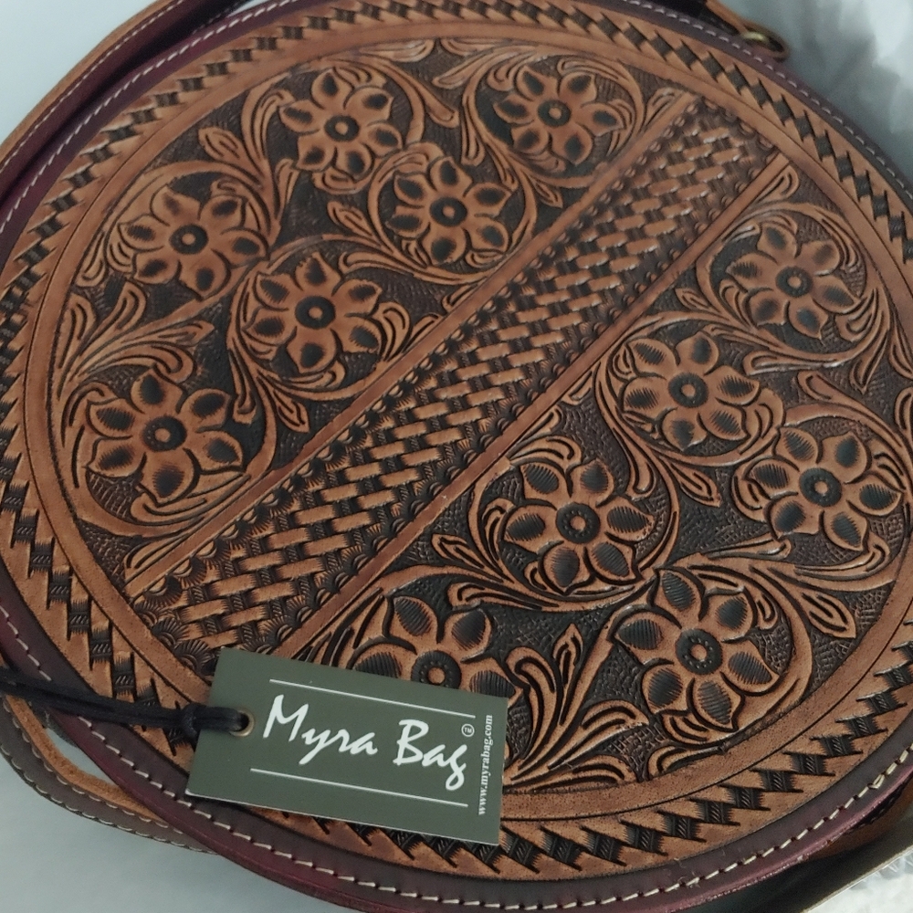 Myra Bag Brown Tooled Leather Round Crossbody
